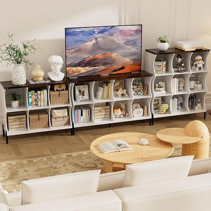 9 Cube Book Shelf, Low and Short Bookshelf, Long Cube Storage Organizer Wood TV Stand, Toy Organization DVD Cabinets for Living Room, Office, Bedroom, Dorm, White with Dark Brown Top