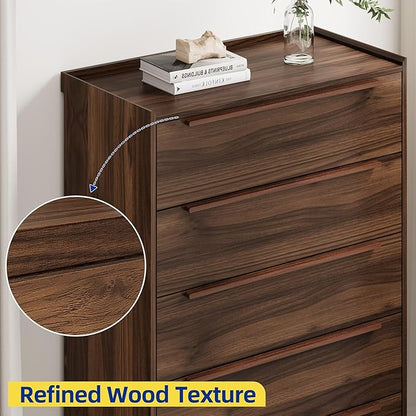 5-Drawer Dresser, 48" Tall Walnut Chest of Drawers for Bedroom, Mid Century Modern Storage Organizer for Closet, Hallway, or Small Apartment