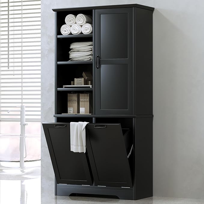 Tall Storage Cabinet with Door and Open Shelf, Multi-Functional Laundry Hamper Basket for Home Bathroom, Laundry Room, Black