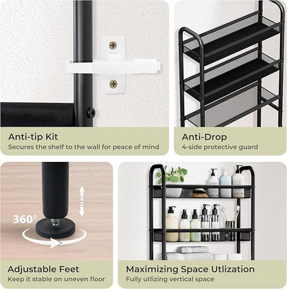 3 Tier Over The Toilet Storage Shelf, Black Bathroom Over The Toilet Storage Rack, Space Saving Above Toilet Storage Shelf with Vinyl Mesh Surface, Bathroom Toilet Shelf Rack Organizer