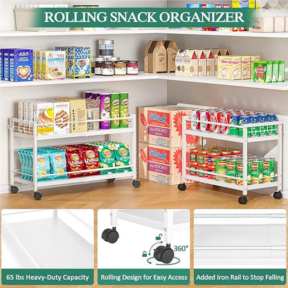 2-Tier Expandable Rolling Pantry Cart with Wheels, Adjustable Floor Organizer for Kitchen Pantry, Can Organizer for Pantry, Storage Cart for Snack, Food, Vegetables, White, Patent Pending