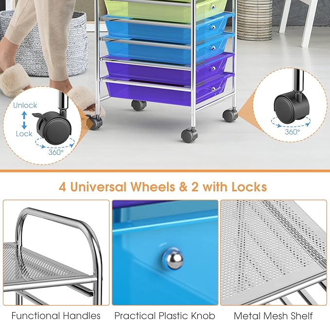 RELAX4LIFE 10 Drawer Rolling Cart, Slim Storage Cart w/Lockable Wheels for Classroom School Teacher Office, Art Supplies Paper Scrapbook Craft Organizers, Utility Cart with Drawers (Color)