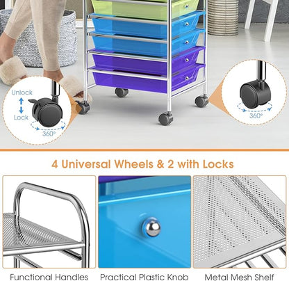 RELAX4LIFE 10 Drawer Rolling Cart, Slim Storage Cart w/Lockable Wheels for Classroom School Teacher Office, Art Supplies Paper Scrapbook Craft Organizers, Utility Cart with Drawers (Color)