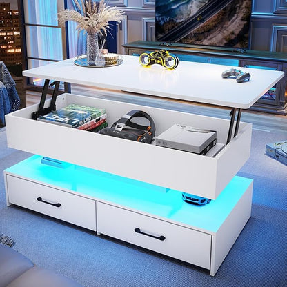 SEDETA 40" Lift Top Coffee Table, Coffee Tables with Storage for Living Room, Small Coffee Table with 2 Drawers & LED Light for Dining Reception Room, White