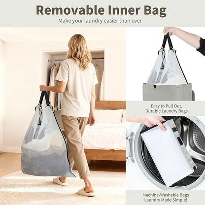 80L Large Laundry Hamper with Lid, Foldable Laundry Bag for Washing Machine with Removable Inner Bag, Dirty Hampers for Bedroom, Bathroom,Laundry Room, College (Grey)