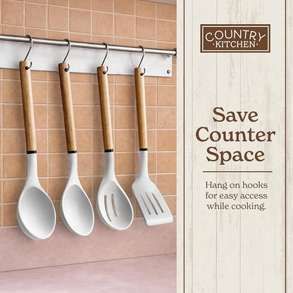 Country Kitchen Non Stick Silicone Utensil Set with Rounded Wood Handles for Cooking and Baking, 8 Piece Set, White