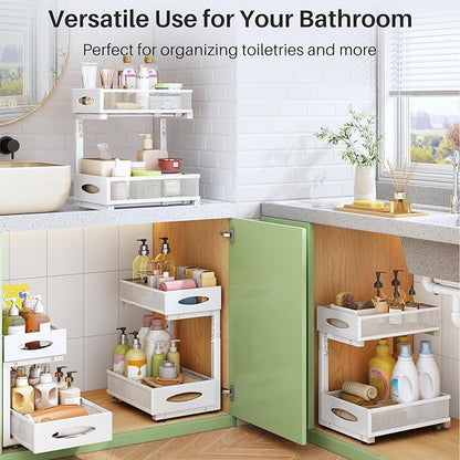 Under Sink Organizer, 2 Pack 2 Tier Pull out Cabinet Organizer Baskets with Mesh Sliding Drawers, Slide out Sink Storage Shelves for Kitchen, Bathroom, Pantry, Cabinet Organizers and Storage(White)