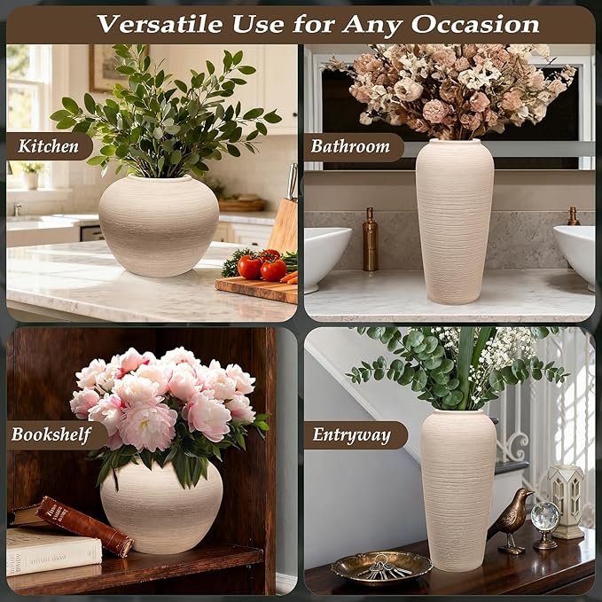 Tall Ceramic Vase 12 Inch Neutral Textured Vase,Cream Ceramic Vase for Home Decor,Farmhouse Tall Ceramic Flower Vase for Dining Table,Living Room,Kitchen,Bedroom,Entryway