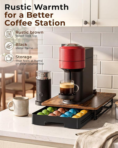 EVERIE Coffee Pod Drawer Compatible with Nespresso Vertuo Capsules, Low Profile Wooden Pod Holder, 24-Slot Rustic Brown Organizer with Metal Frame, 15.9 x 12 x 3 In