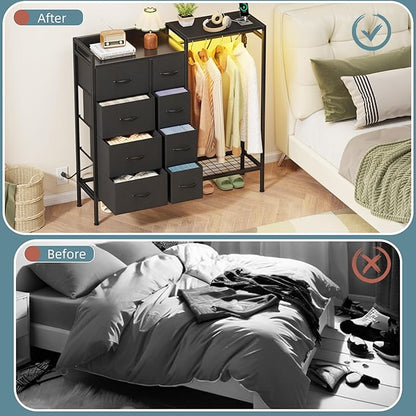 Dresser with Hanging Rack, 8-Drawer Dresser for Bedroom with Charging Station & LED Lights, Kids Dressers with Shoe Rack, Chest of Drawers with Wooden Top for Bedroom, Kids Room, Black, 11.8"D