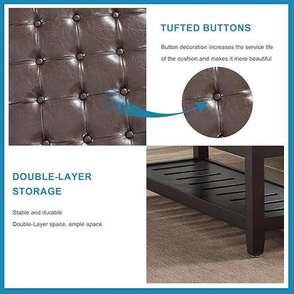 44" Ottoman Bench, Upholstered End of Bed Bench, Oversized Footrest with Wood Shelf torage Storage Bench for Bedroom, Entryway, Living Room, Dark Brown(PU)