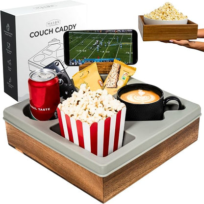 Silicone Couch Cup Holder Tray – Handy Silicone Acacia Couch Caddy with Cup Holder & Phone Stand – Waterproof Anti-Spill Snack & Bed Caddy Organizer Sofa Tray for Drinks, Snacks, & Remotes (Gray)