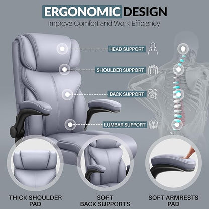 Office Chair, Leather Chair with Adjustable High Back Flip-up Armrests，Ergonomic Desk Chairs Big and Tall, Lumbar Support Swivel Computer Chair with Rocking Function