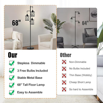 ROTTOGOON Dimmable Farmhouse Floor Lamp, Industrial Floor Lamp for Living Room with 3 X 6W LED Bulbs, 3 Light Rustic Standing Tall Lamp for Bedroom, Office, 68"