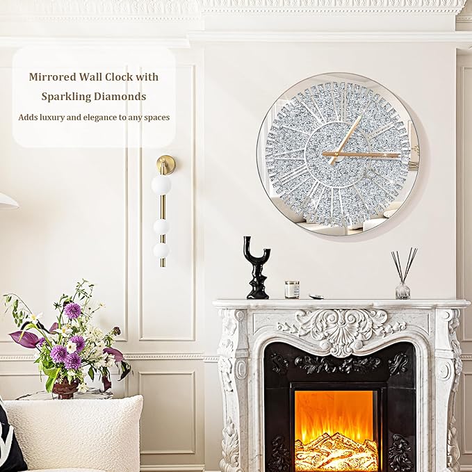 Crystal Crushed Diamond Wall Clock Round Mirrored Clocks Modern Silver Glass Clock for Wall Sparkle Twinkle Hanging Clocks for Living Room Bedroom Dining Room Decorative, AA Battery not Included
