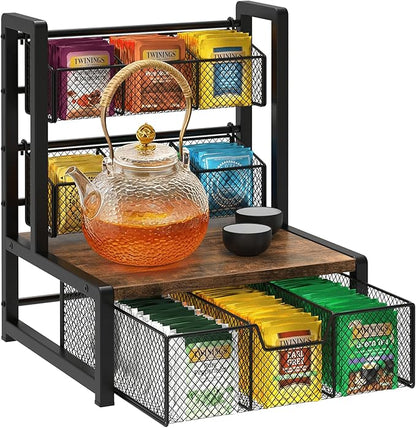 Homode Tea Bag Organizer, 3 Tier Tea Storage Container Box, Wood Tea Station Caddy, Teabag Holder Stand with Drawer Basket, Large Tea Chest Display Rack for Countertop Cabinet Office, Rustic Brown