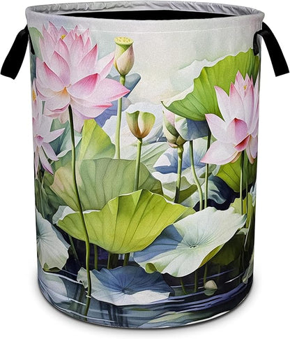 NUTAINLA Lotus Laundry Basket Beautiful Flowers Foldable Oxford Cloth Funny Tote Bag Laundry Hamper Clothes Storage Bucket Toy Organizer For Bathroom/Laundry Storage/Bedroom 18.9x16.5 Inch