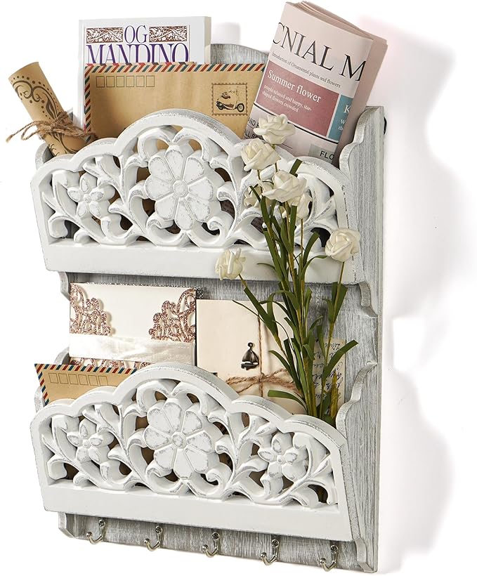 Key and Mail Holder for Wall, 2-Slot Mail Organizer Wall Mount with 5 Key Hooks, Wooden Key Hangers Wall File Organizer Letter Sorter, Key Rack for Entryway and Home Decor,Extra Wide (Extra Large)