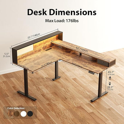 Agilestic L-Shaped Electric Standing Desk, 63x55 Inch Ergonomic Adjustable Height Desk with Storage, Stand Up Corner Desk Sit Stand Computer Table Power Outlet & LED Lights, Office Table, Rustic Brown