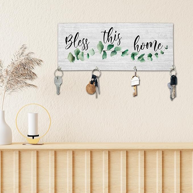 Bless This Home Wooden Key Holder for Wall - 5"x10" Key Organizer Hanger with 4 Hooks for Front Door Hallway Entryway Kitchen - Home Office Decor & Housewarming Gifts Supplies - A01