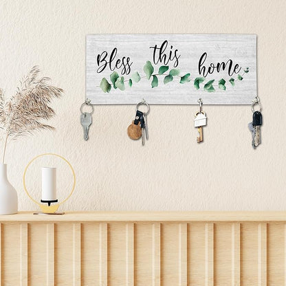 Bless This Home Wooden Key Holder for Wall - 5"x10" Key Organizer Hanger with 4 Hooks for Front Door Hallway Entryway Kitchen - Home Office Decor & Housewarming Gifts Supplies - A01