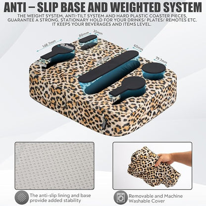 TabCouchCaddy - Couch Cup Holder Tray Pillow - Bed, Couch Caddy, Sofa, RV & Car - Holds Drinks, Snacks, Remotes, Phones, Kindle, Tablet | Bed Cup Holder (Leopard)