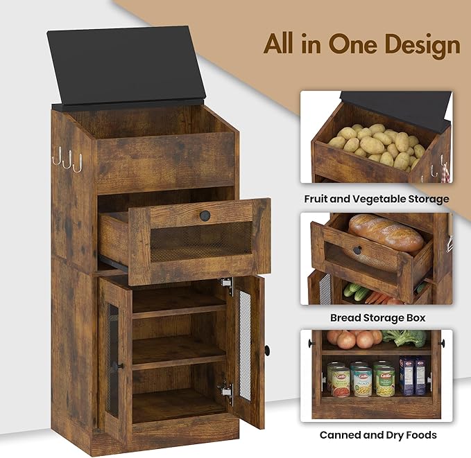 Potato and Onion Storage Bin with Lid, Large Potato Bin with Drawer, Multi-Compartment Wooden Fruit & Vegetable Cabinet with Mesh Doors, Rustic Kitchen Organizer for Pantry (16.9")