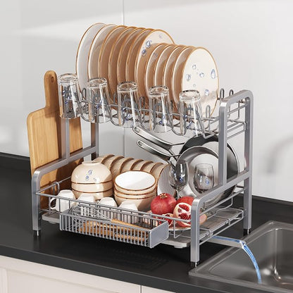BOOSINY 2 Tier Dish Drainer Drying Rack for Kitchen Counter, Large Stainless Steel Dish Dryer with Drainboard, Big Rustproof Metal Space Saving Countertop Plate Strainer with Utensil Holder, Sliver