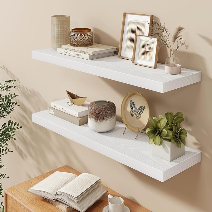 Fun Memories 40" W x 9.3" D White Floating Shelves for Wall, Deep Long Floating Shelf for Home Bathroom, Bedroom, Living Room, Rustic Wood Wall Mounted Shelves for Books Decor