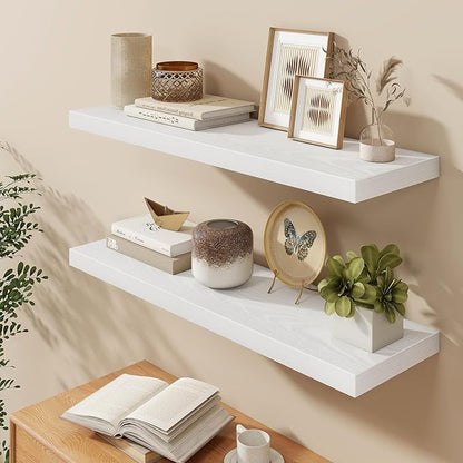 Fun Memories 40" W x 9.3" D White Floating Shelves for Wall, Deep Long Floating Shelf for Home Bathroom, Bedroom, Living Room, Rustic Wood Wall Mounted Shelves for Books Decor