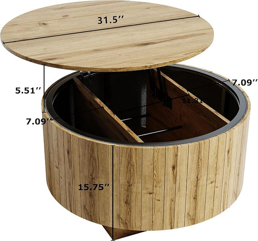 kepptory Round Lift Top Coffee Table with LED Lights, Mid Century Modern Wooden Coffee Tables with 3 Storage Space, Circle Center Table for Living Rooms,Dining Room,Bedroom Home Office,APP LED Lights