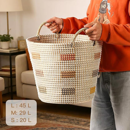 3 Pack Seagrass Storage Baskets for Organizing, Large Storage Bin with Handles, Woven Blanket Basket, Living Room Bedroom Laundry Room Home Decor for Toys Clothes Shoes Plant
