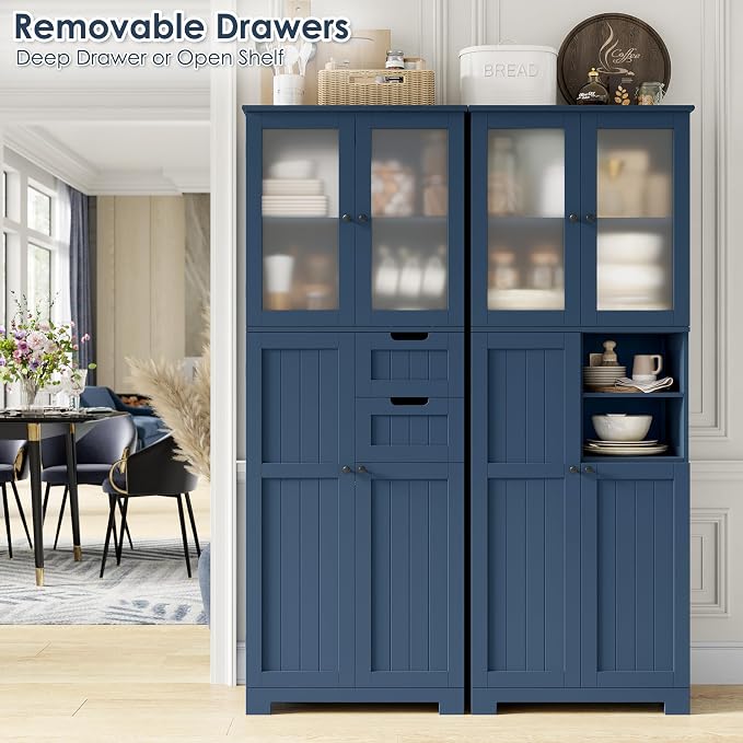 BOTLOG 67'' Tall Bathroom Storage Cabinet, Linen Cabinet with Glass Doors and Adjustable Shelves, Kitchen Pantry with 2 Drawers for Bathroom, Living Room, Dining Room, Blue