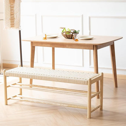 Solid Wood Entryway Bench with Shoe Storage, Rustic Oak Wood and Woven Design 45 Inch Long Seating for Living and Dining Rooms, 3-Tier Nature