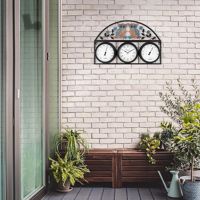 26Inch Large Outdoor Clock,Waterproof Wall Clock with Thermometer and Hygrometer Combo,Weatherproof Non-Ticking Battery Operated Decor Clock for Patio,Garden,Pool,Porch,House Warming Gifts