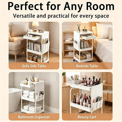 BLULEE 3-Tier Rolling Storage Cart with Pull-Out Drawer & Side Organizer | Heavy-Duty Carbon Steel Utility Cart with Lockable Wheels, Mobile Organizer Rack for Bathroom, Makeup, Nursery & Kitchen