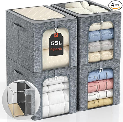 GoMaihe Clothes Storage Bins Metal Frame: 55L Extra Large Stackable Closet Storage Organizer with Lid & Clear Window, Heavy Duty Blanket Boxes for Winter Coats Comforters (Fits Deep Closet 4-Pack)