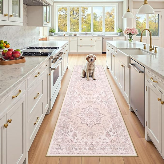 RELEANY Area Rugs Runner 2'x8' Washable Non-Slip, Floral Vintage Distress Medallion Carpet for Kitchen Hallway Bedroom Beside Laundry Room Bathroom, Pink Greypink Cute