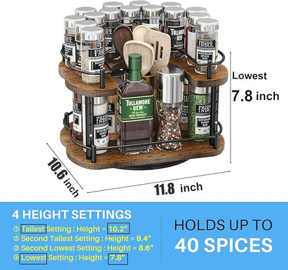 Lazy Susan Organizer Spice Rack - Spice Organization for Cabinet Height Adjustable Rotating Lazy Turntable, Pantry Kitchen Wood Revolving Seasoning Organizer (Vintage, 12 Inch)