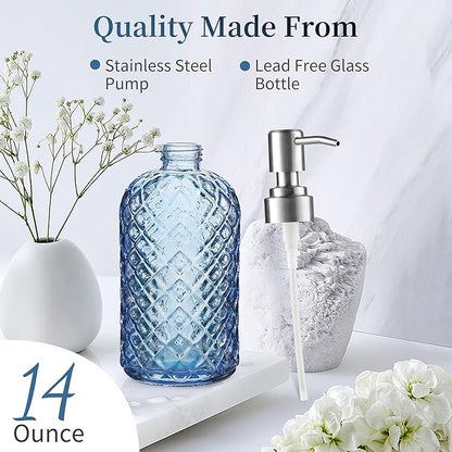 14 Oz Refillable Glass Soap Dispenser with Rust Proof Stainless Steel Pump, for Dispense Hand soap, Body wash, Lotion (Blue)
