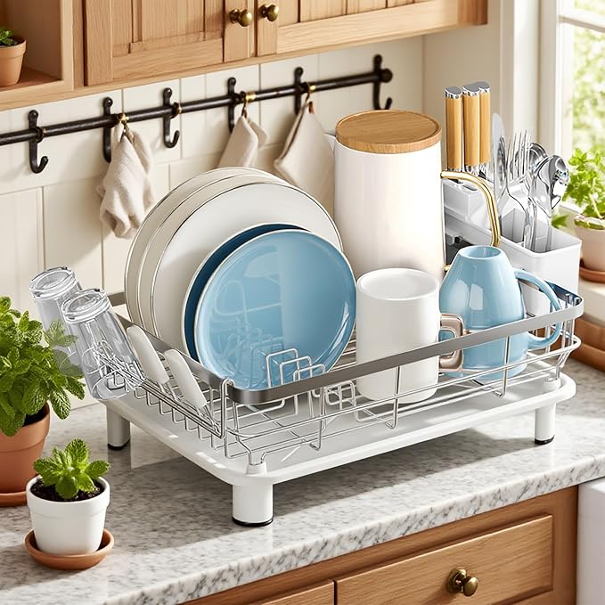 MOUKABAL Dish Drying Rack, Dish Rack, Stainless Steel Dish Racks for Kitchen Counter, Dish Drainer with Removable Utensil Holder, Drainboard (White,Stainless Steel,13''W x 17''L)