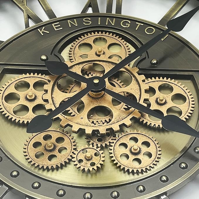 Real Moving Gears Wall Clock Large Modern Metal Clocks for Living Room Decor, Industrial Steampunk Unique Vintage Rustic Decorative Clock for Home Farmhouse Office, 27.6 Inch,Brass Gold Roman