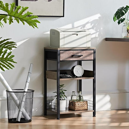 Lerliuo Grey Printer Stand with Fabric Drawer, 3 Tier Industrial Side Table, Modern Small Printer Desk Holder with Storage Shelf,Multi-Functional Bedside Tables for Home Office Fax Machine Scanner
