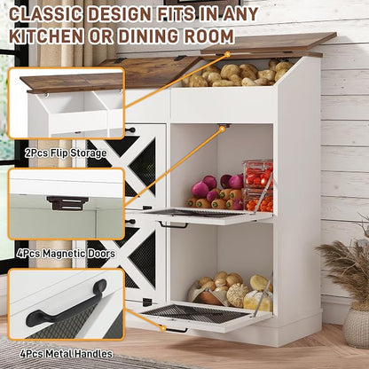 Potato And Onion Storage Bin with Lid,Veggie Bin W/6 Large Storage Box.Root Vegetable Storage Box For Kitchen,Farmhouse Potato Storage Bin W/4 Mesh Doors,Bread Keeper for Toast,Bagel,Donut,Cookies