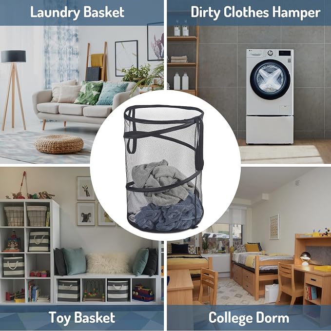 Seiritex Mesh Popup Laundry Hamper 115L Foldable Laundry Basket Extra Large Capacity Collapsible Clothing Storage Basket with Handles 26 H x 18 W x 18 L (Black)