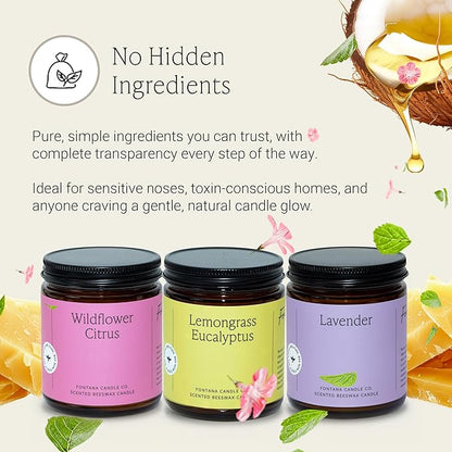 Fontana Candle Co Wood Wick Beeswax Jar Candles - 3-Jar Spring Bundle - Made with Coconut Oil & Pure Essential Oils – Clean Burn, Long Lasting and Non-Toxic Candles for Home & Room Decor
