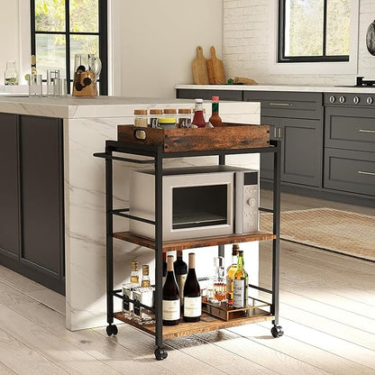 3 Tier Kitchen Cart, Rolling Bar Cart for Tea, Coffee, Liquor, and Drink Service with Removable Serving Detachable Server, Rustic Brown and Black