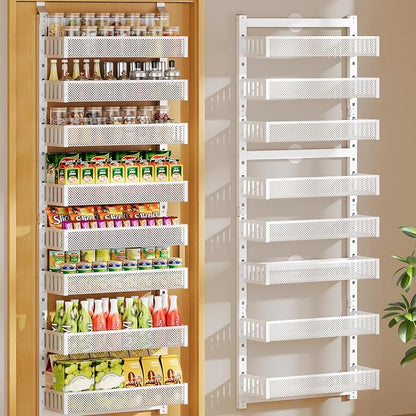 POKIPO 8-Tier Over the Door Pantry Organizer, 2 IN 1 Wall Mount or Hanging Spice Rack with Adjustable Raised Basket, Heavy Duty Back of Door Storage for Kitchen Bathroom Laundry Room