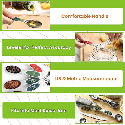 Spring Chef Stainless Steel Magnetic Measuring Spoons Set of 8 with Leveler, Metal Teaspoon & Tablespoon Measure Spoons Set for Baking & Cooking, Stackable & Double Sided Kitchen Gadgets - Very Merry