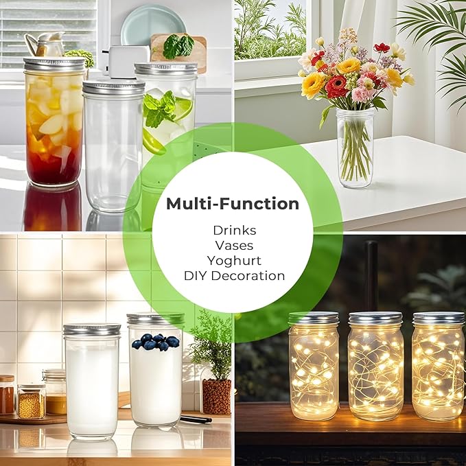 CycleMore 24oz 12 Pack Mason Glass Jars with Silver Separable Lids, Wide Mouth Canning Jars, Glass Pickle Canning Jars for Jelly, Jam, Honey, Wedding Favors, Spices and Herbs